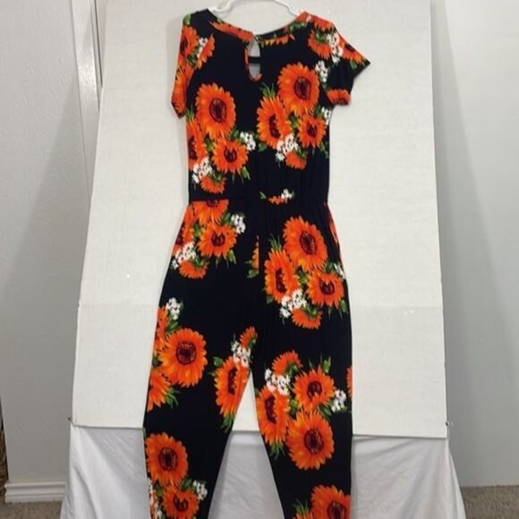 DouBCQ Jumpsuit NWT with Pockets, Soft Knit, Floral Black & Orange, Large - Picture 11 of 11